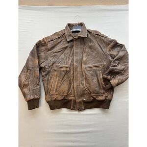 JJ Cochran Mens 44 Distressed Brown Leather Bomber Jacket Coat Full Zip Vintage